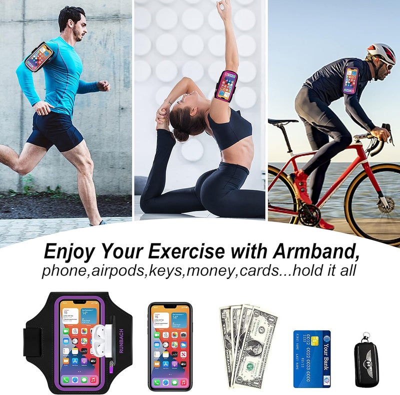 RUNBACH Armband for Samsung Galaxy S25/S24/S23/S22/S21/S20/S10/S9/S8,Galaxy A01/A8/A10e/A20e/A41/M01/Xcover 5,Water Resistant Sport Armband with Zipper Slot for Galaxy Buds (Purple) - Image 4